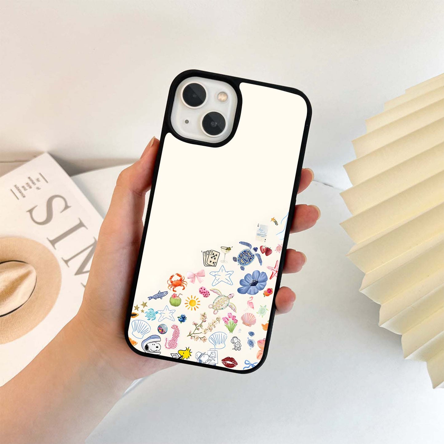 Cream with Random Stickers Glass Case