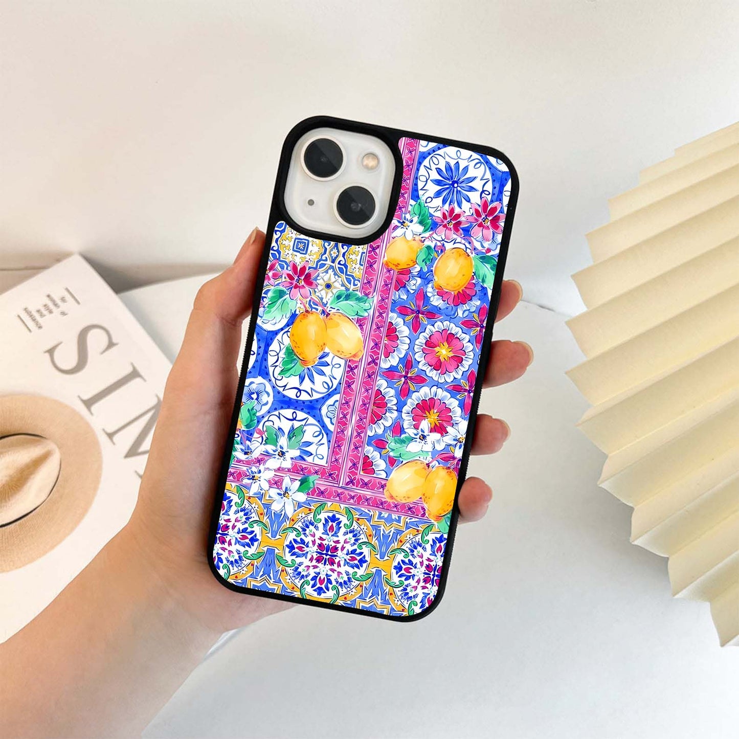 Lemon Tiles with Flowers Glass Case