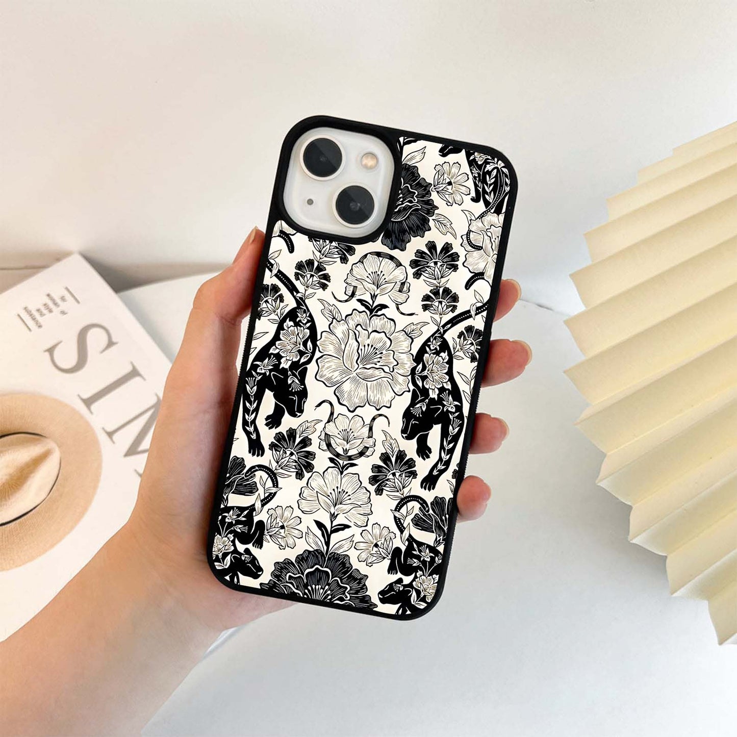 Panther Floral Black Glass Case