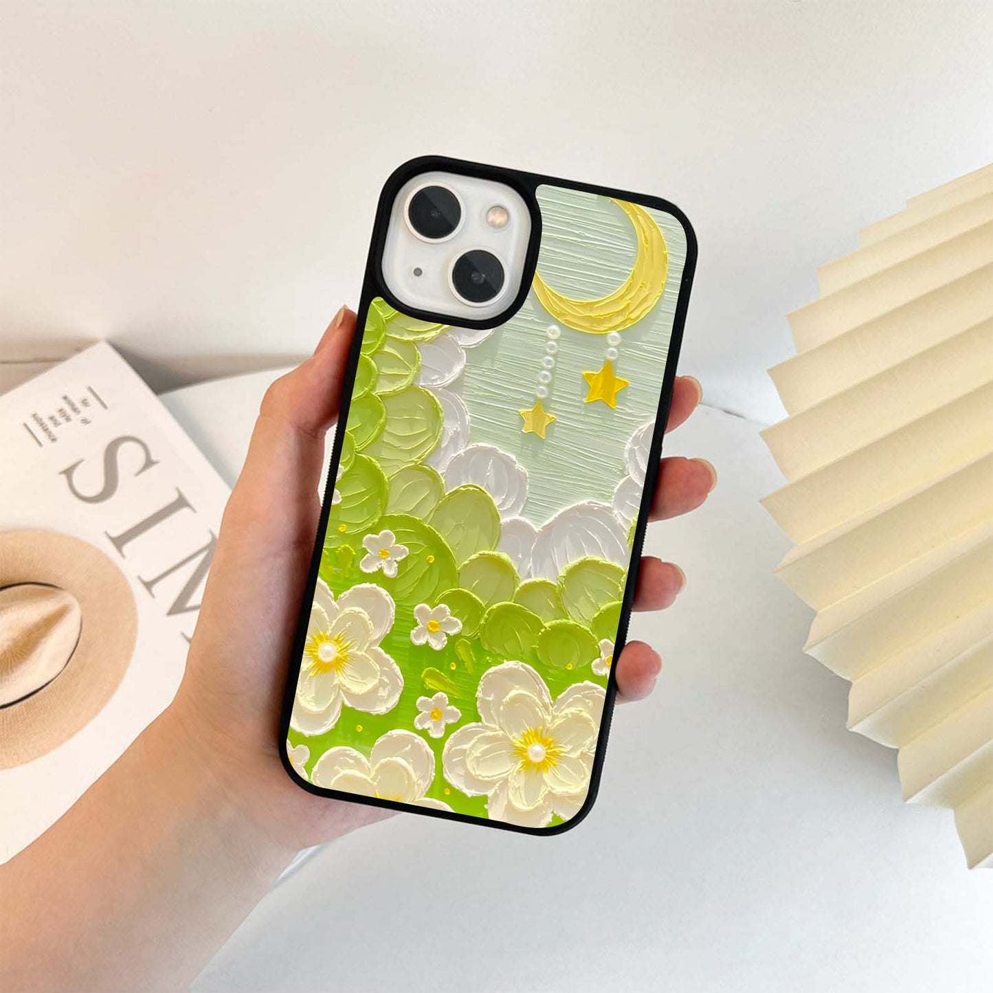 Moon with Pearls & Cream Florals Glass Case