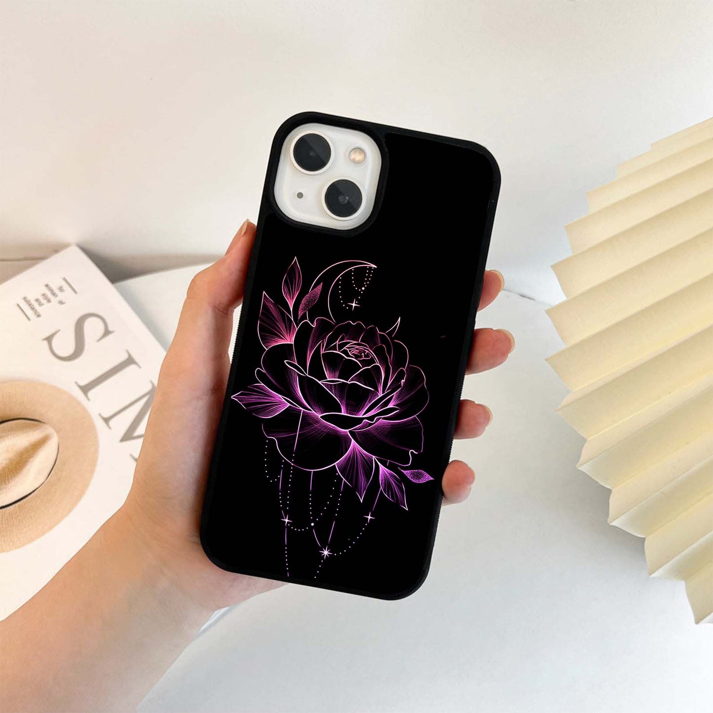 Neon Pink Rose with Crescent Moon Glass Case