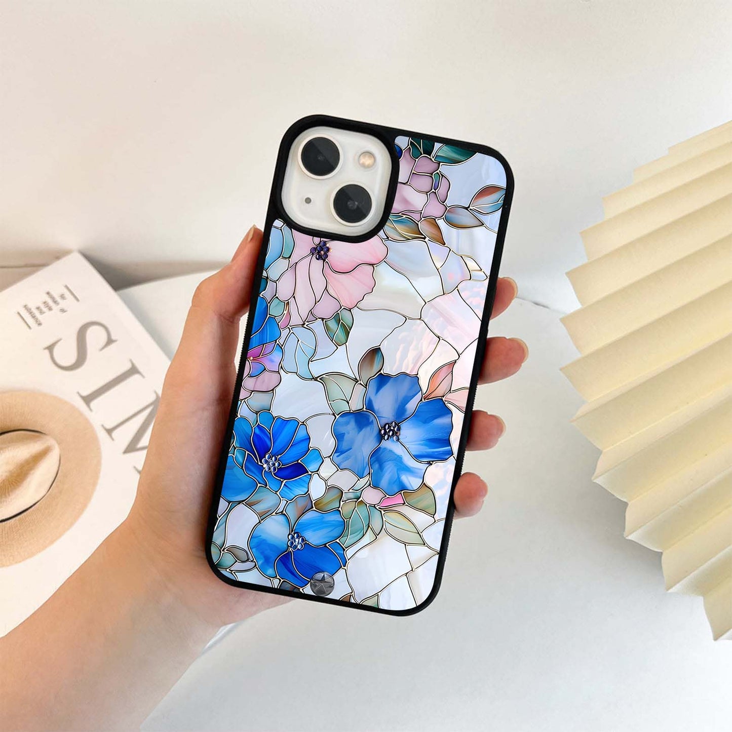 Stained Blue Floral Glass Case