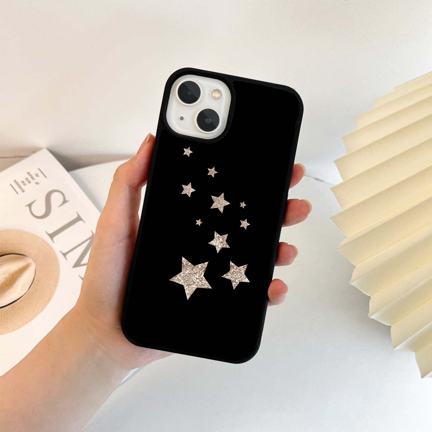 Gold Glitter Stars on Black Glass Case