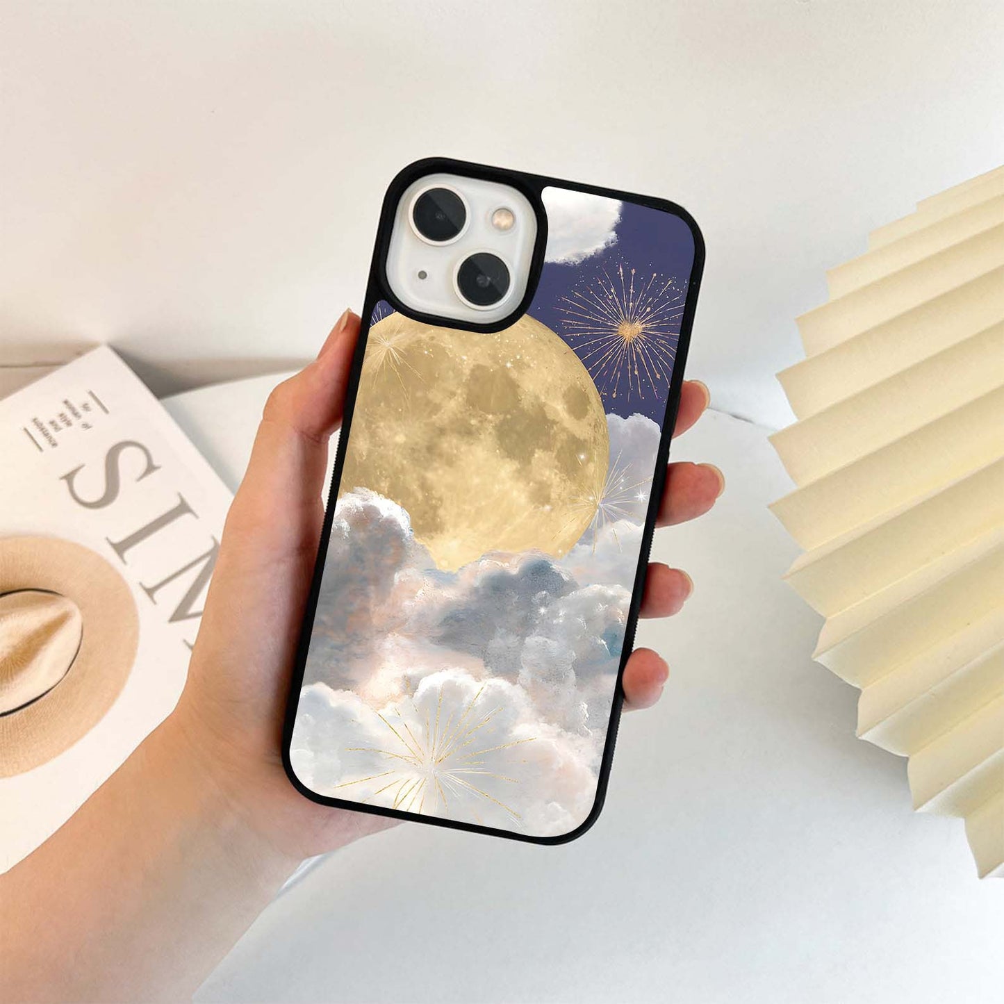 Moon with fireworks Glass Case