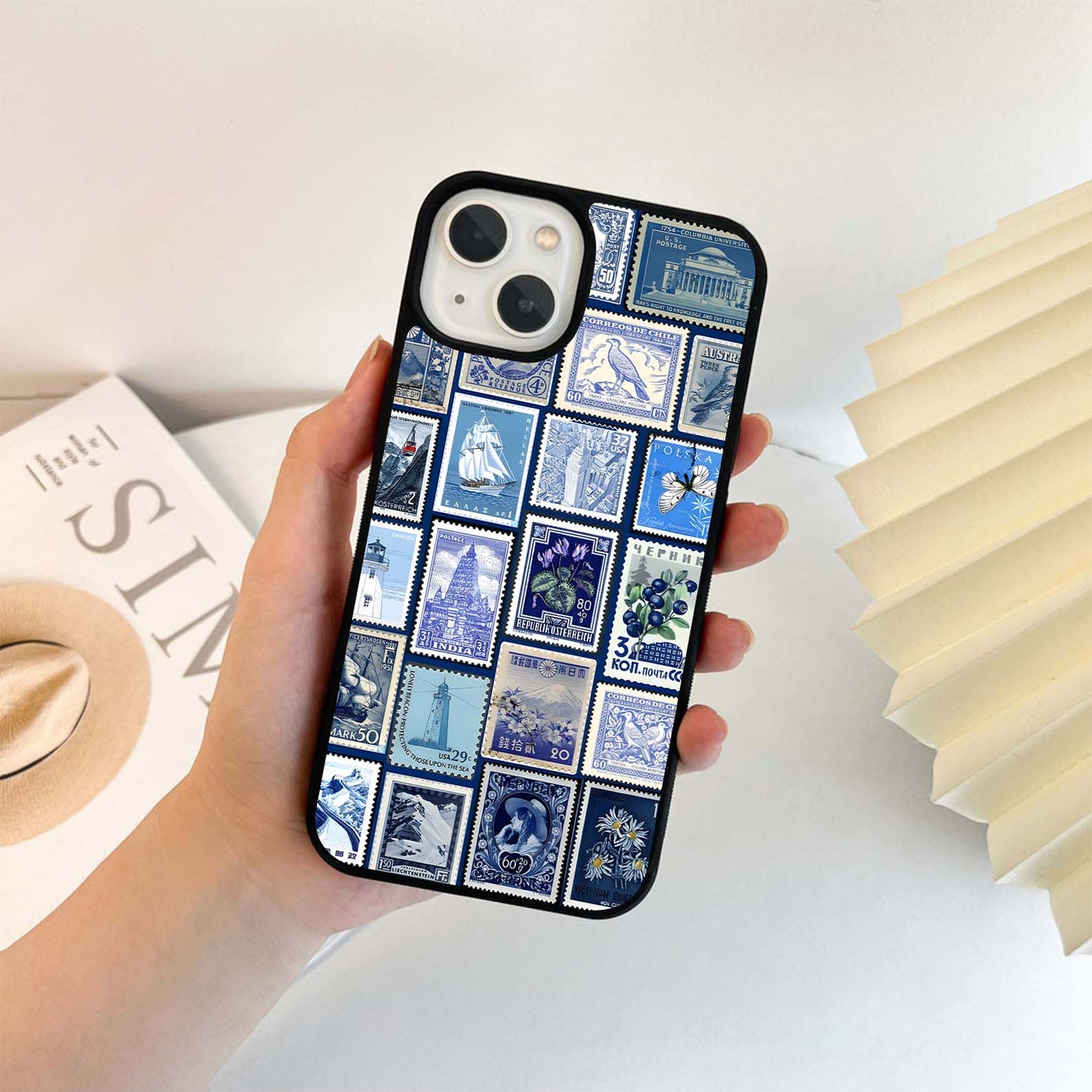 Blue Stamp Collage Glass Case