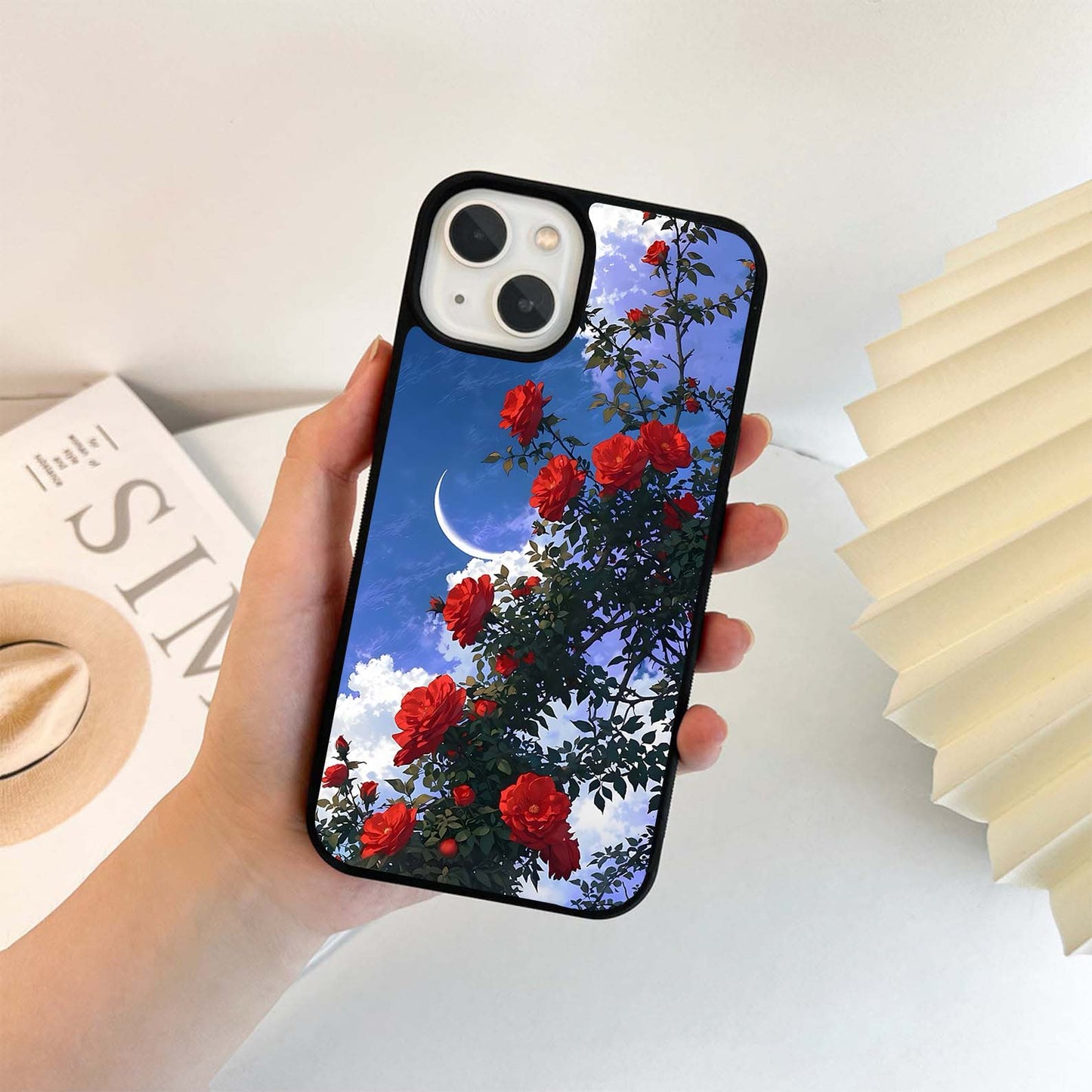 Red Roses Crescent Moon Glass Case