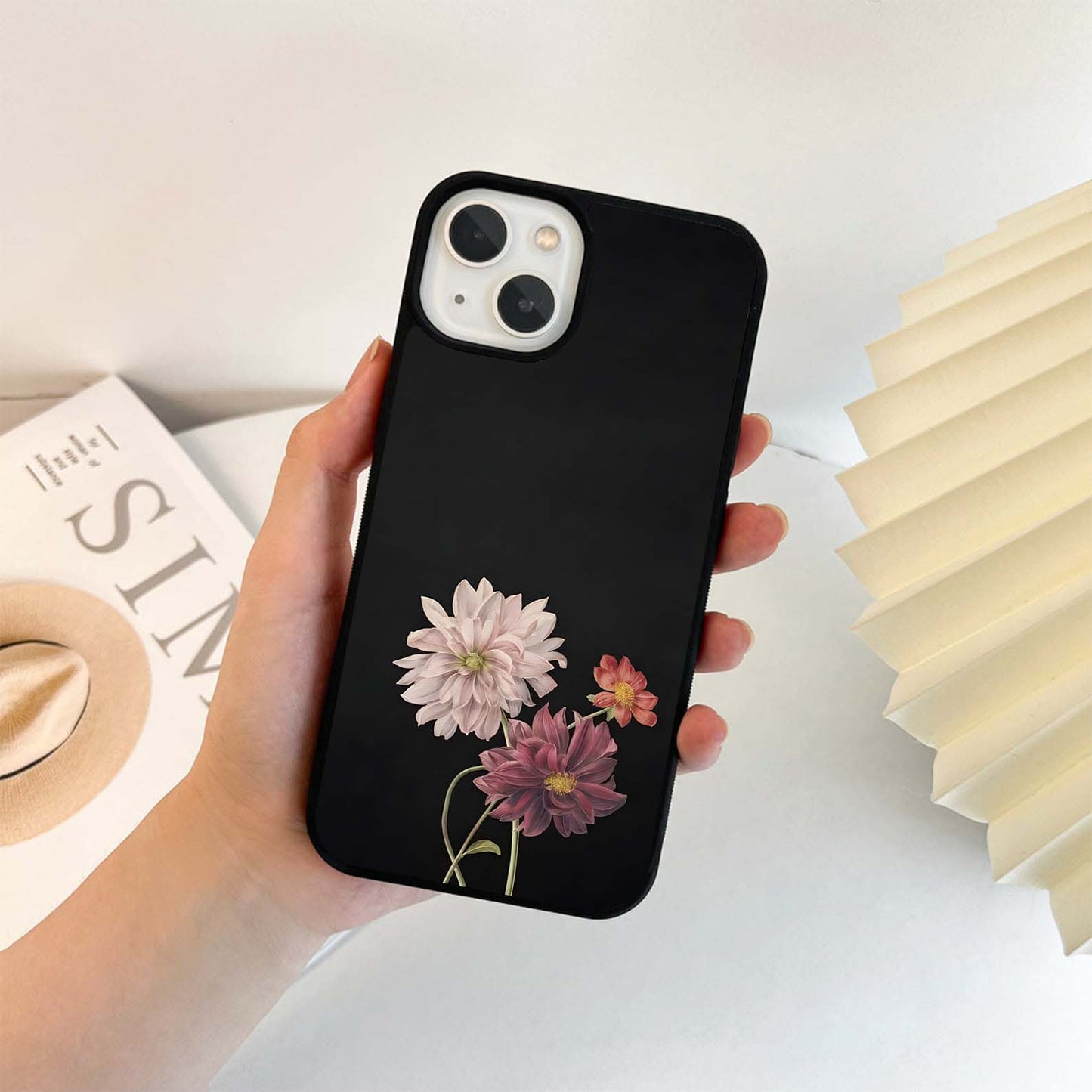 Elegant Flowers on Black Glass Case