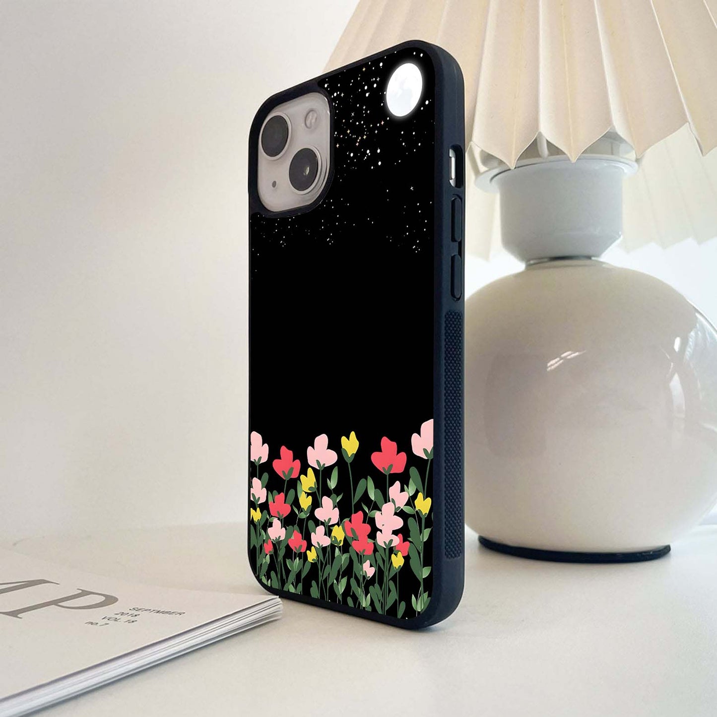 Romantic Moon With Flower Glass Case