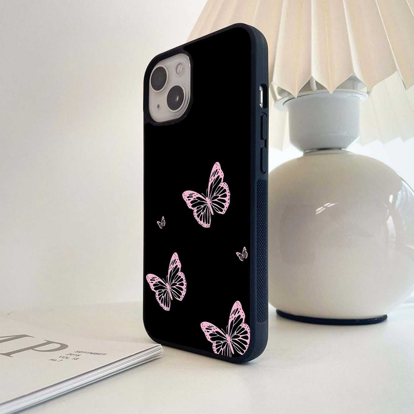 Pink Butterflies on Black Glass Case