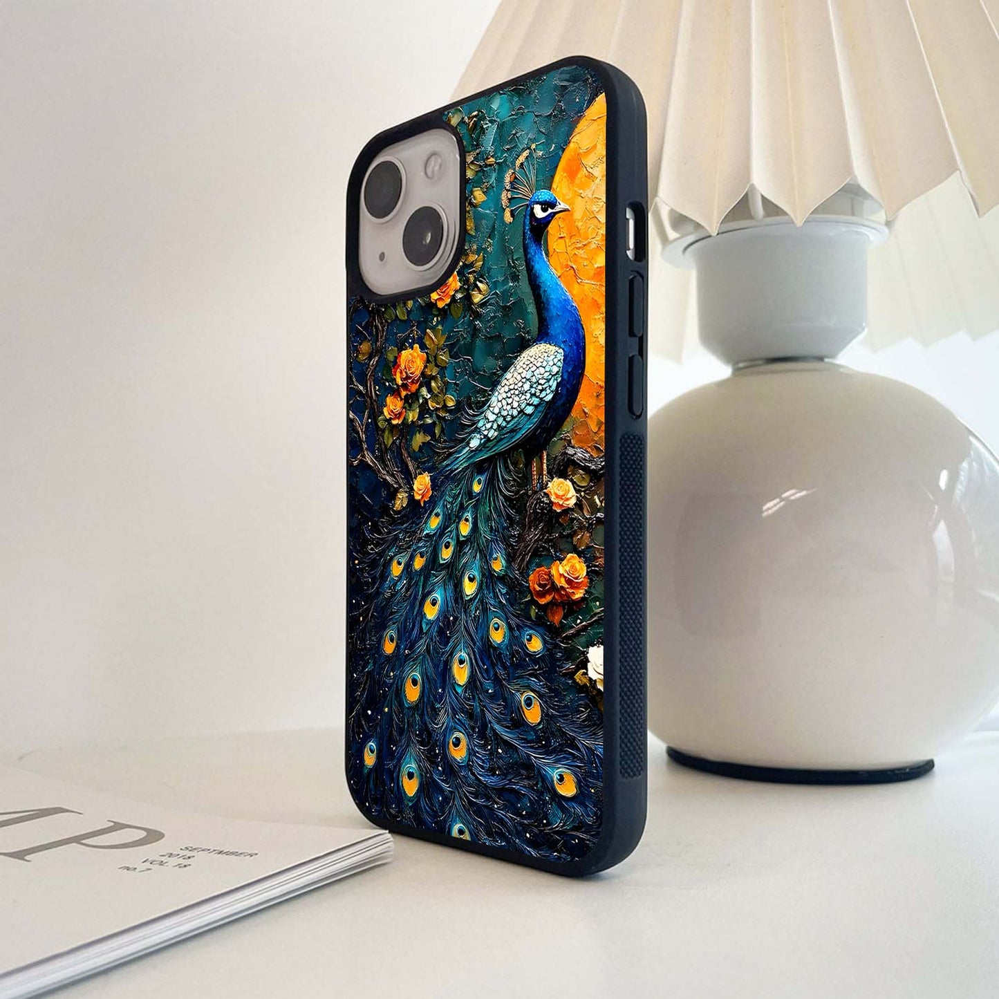 Peacock with Yellow Moon Glass Case