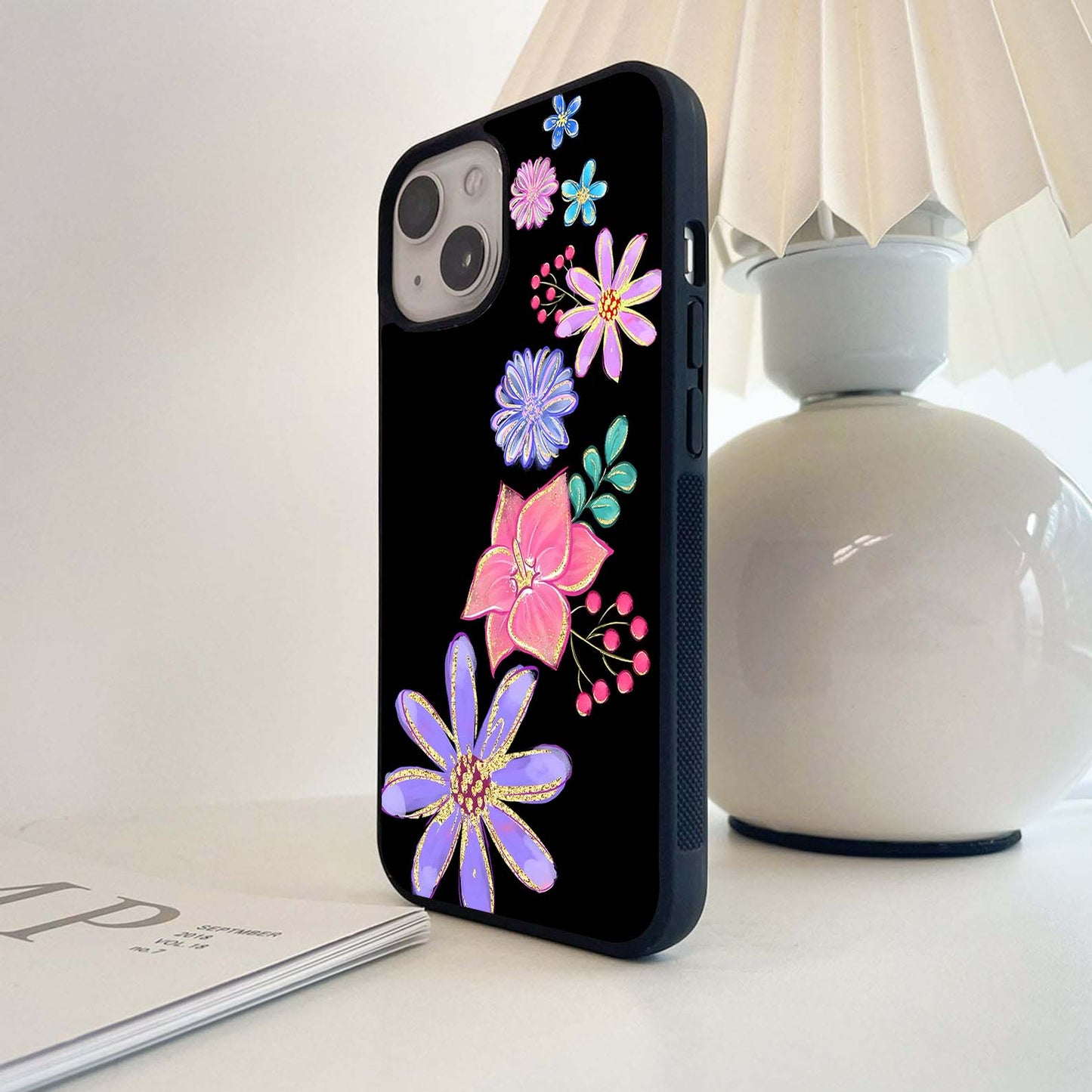 Colorful Glitter Flowers on Black Glass Case