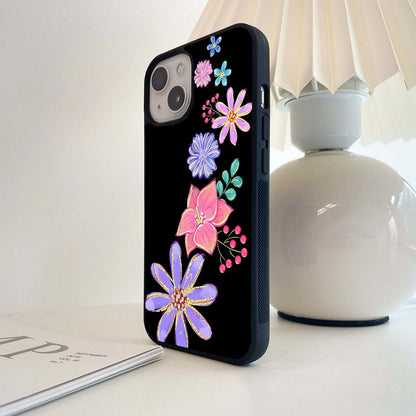 Colorful Glitter Flowers on Black Glass Case