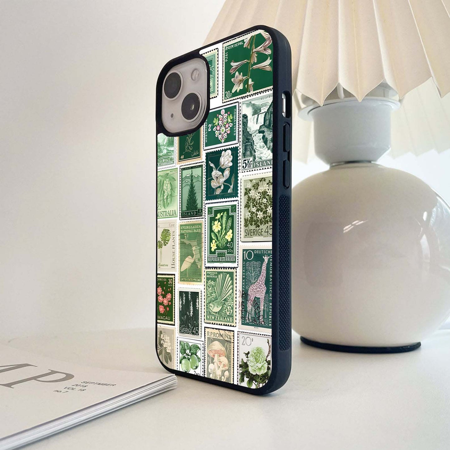 Green Postage Stamp Collage Glass Case