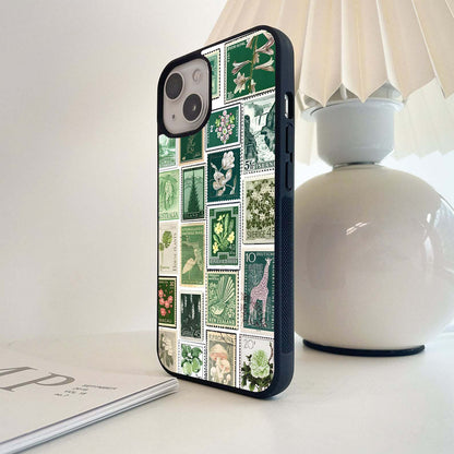 Green Postage Stamp Collage Glass Case