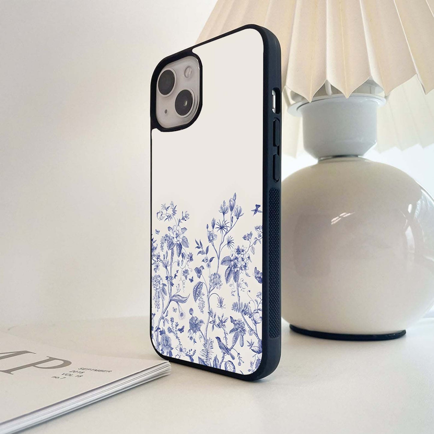 Blue Botanical on Cream Glass Case