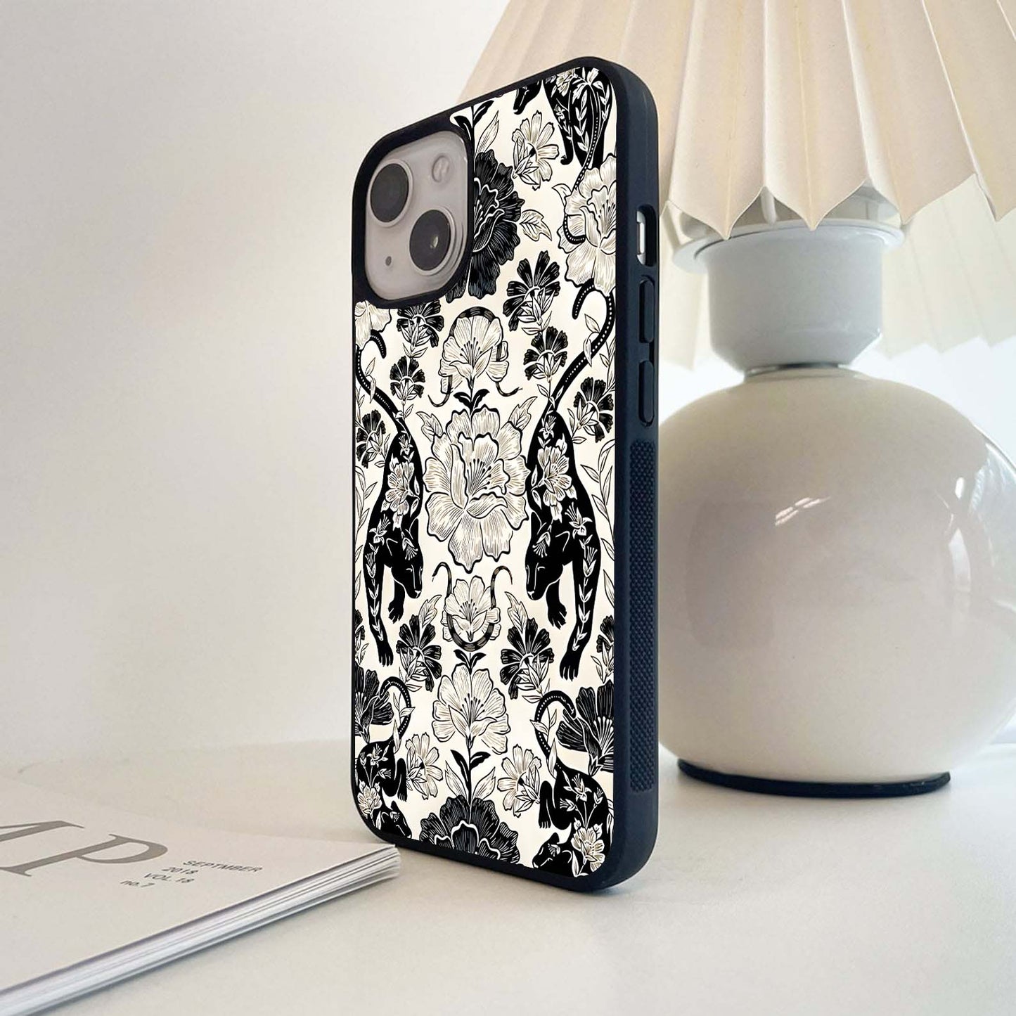 Panther Floral Black Glass Case