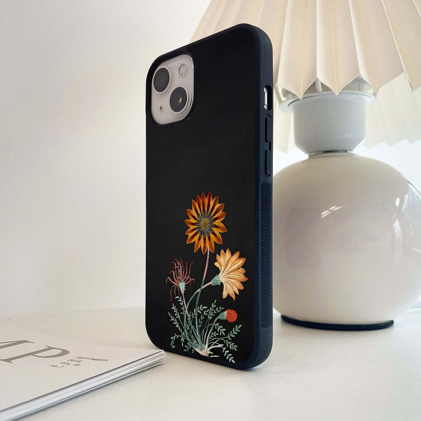 Orange Botanical on Black Glass Case