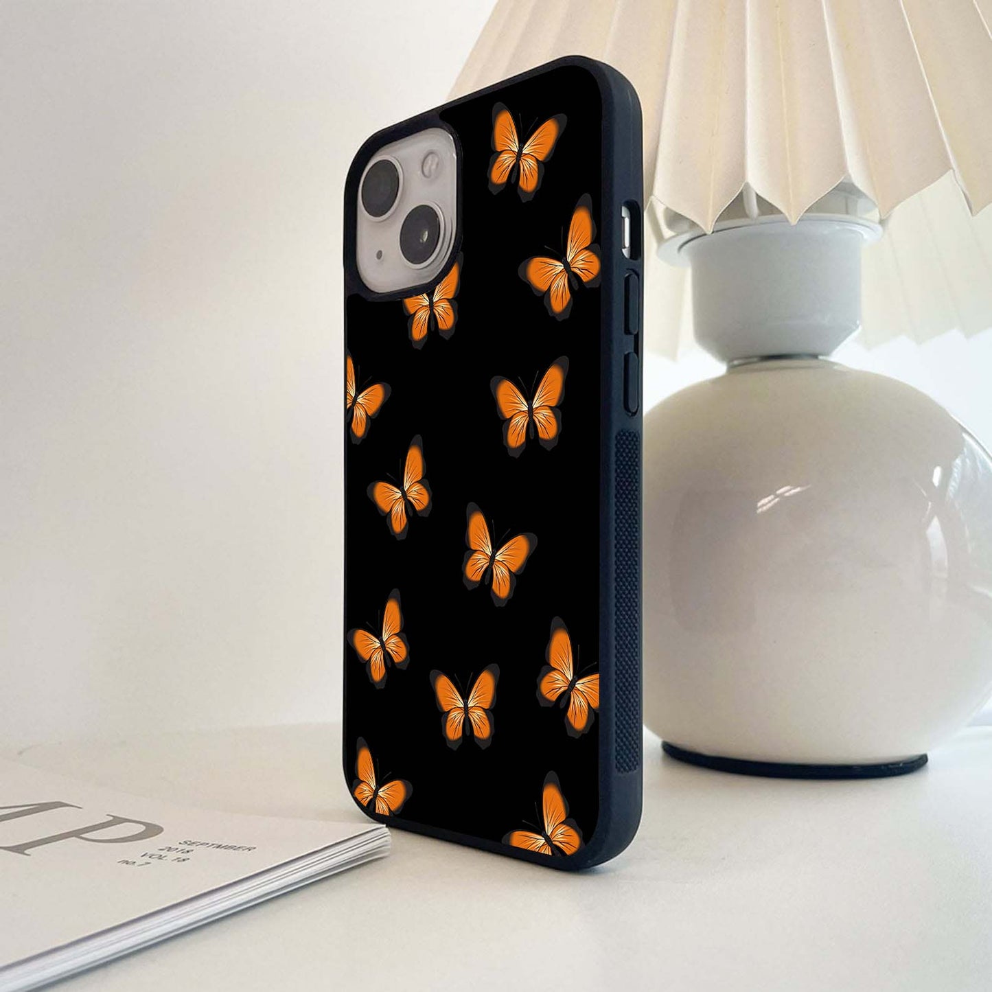 Orange Butterflies on Black Glass Case