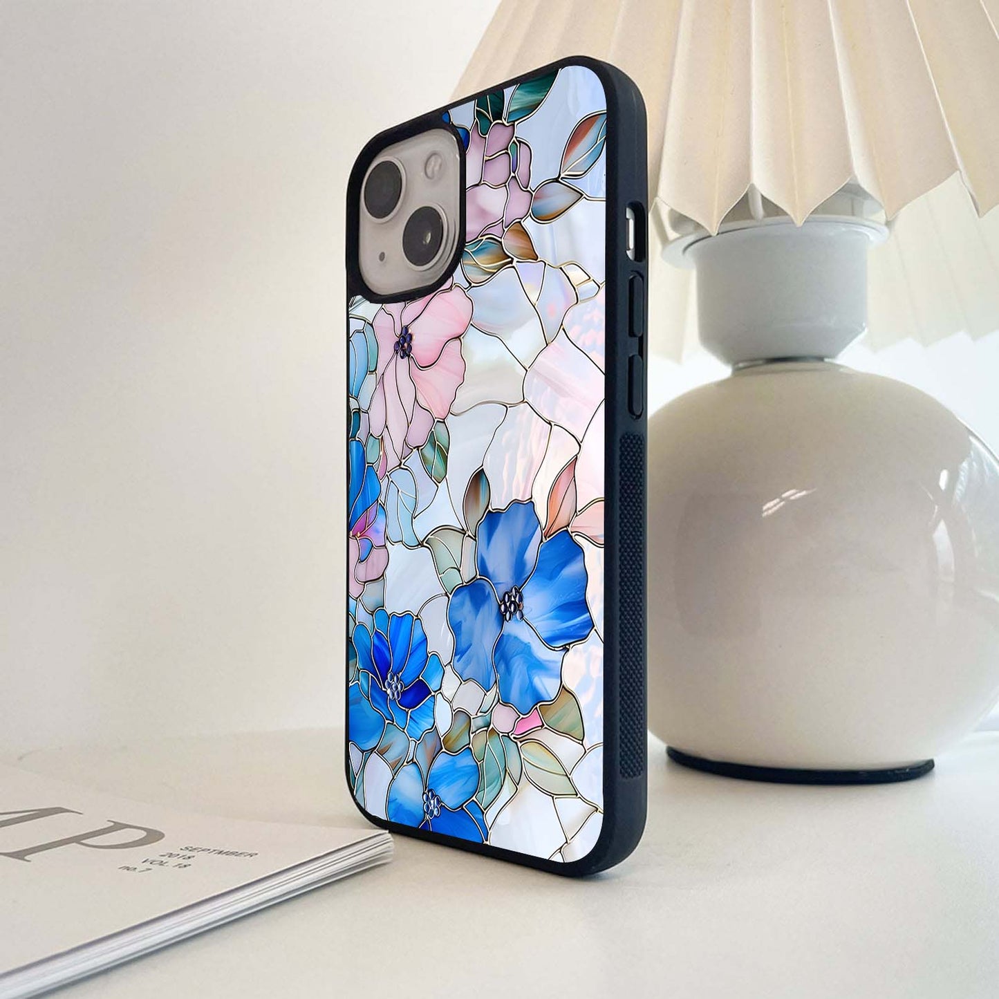 Stained Blue Floral Glass Case