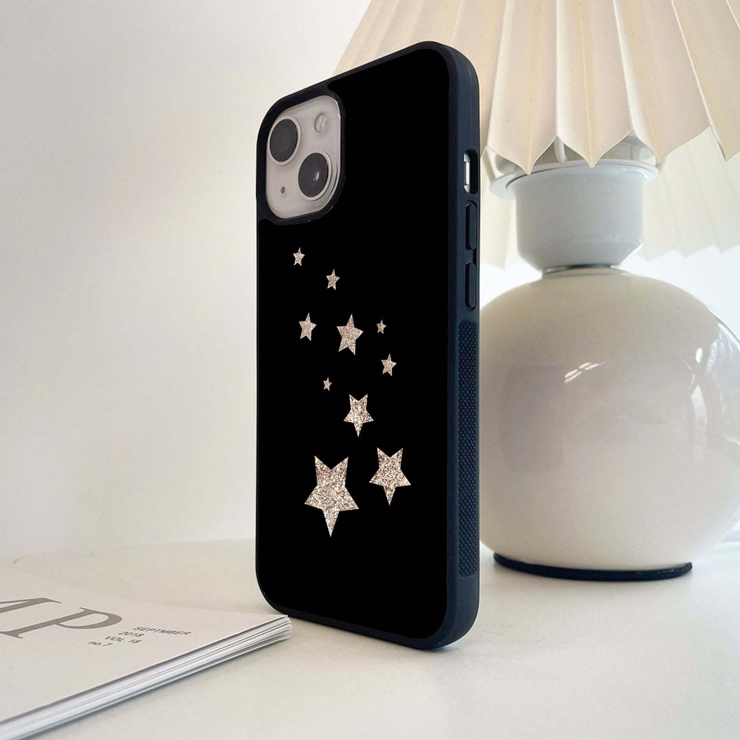 Gold Glitter Stars on Black Glass Case