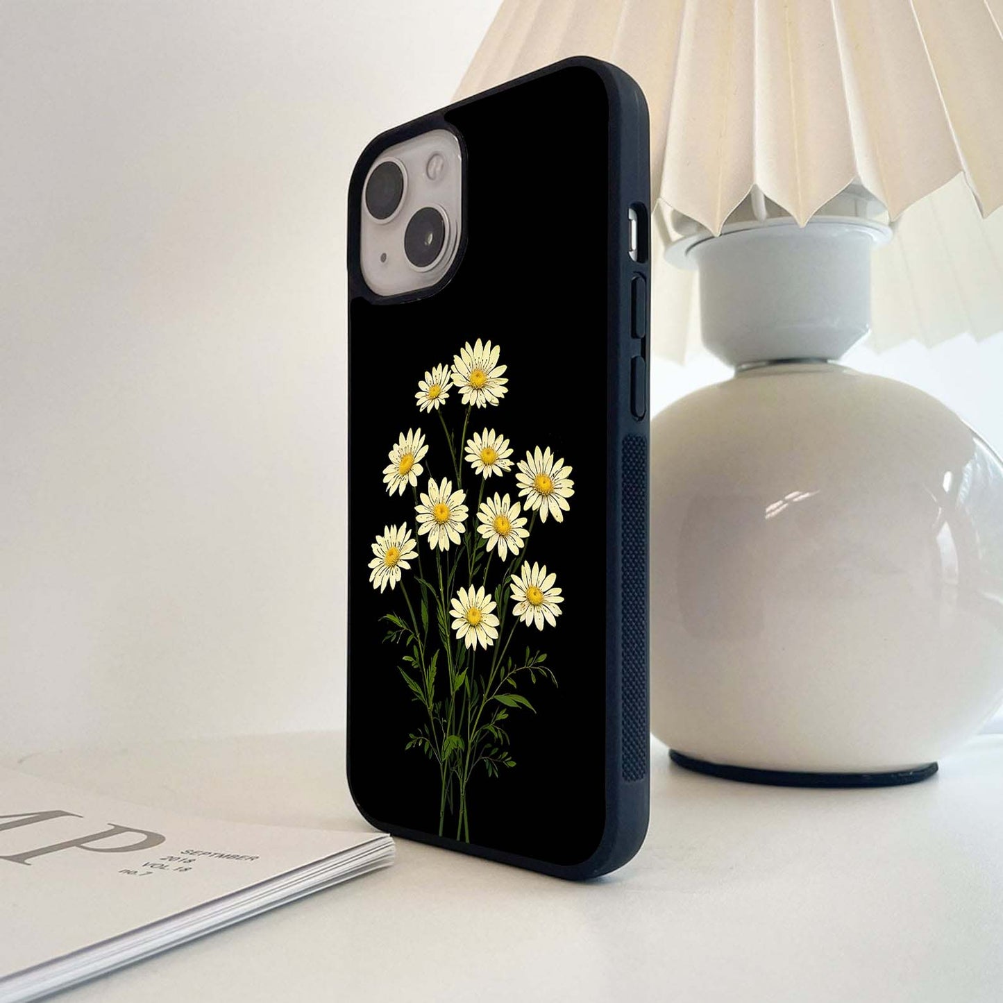 Yellow Daisies on Black Glass Case