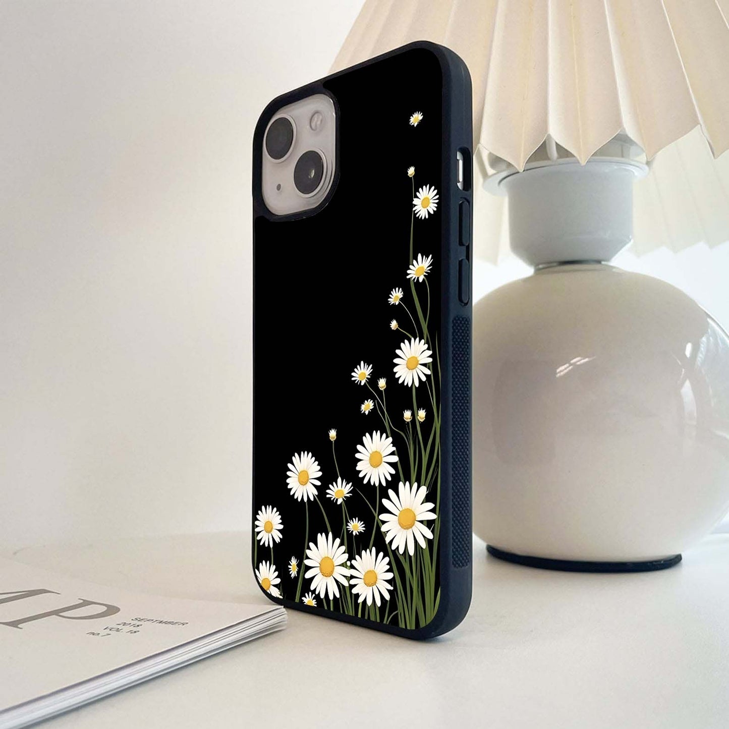 Daisy Cascade on Black Glass Case