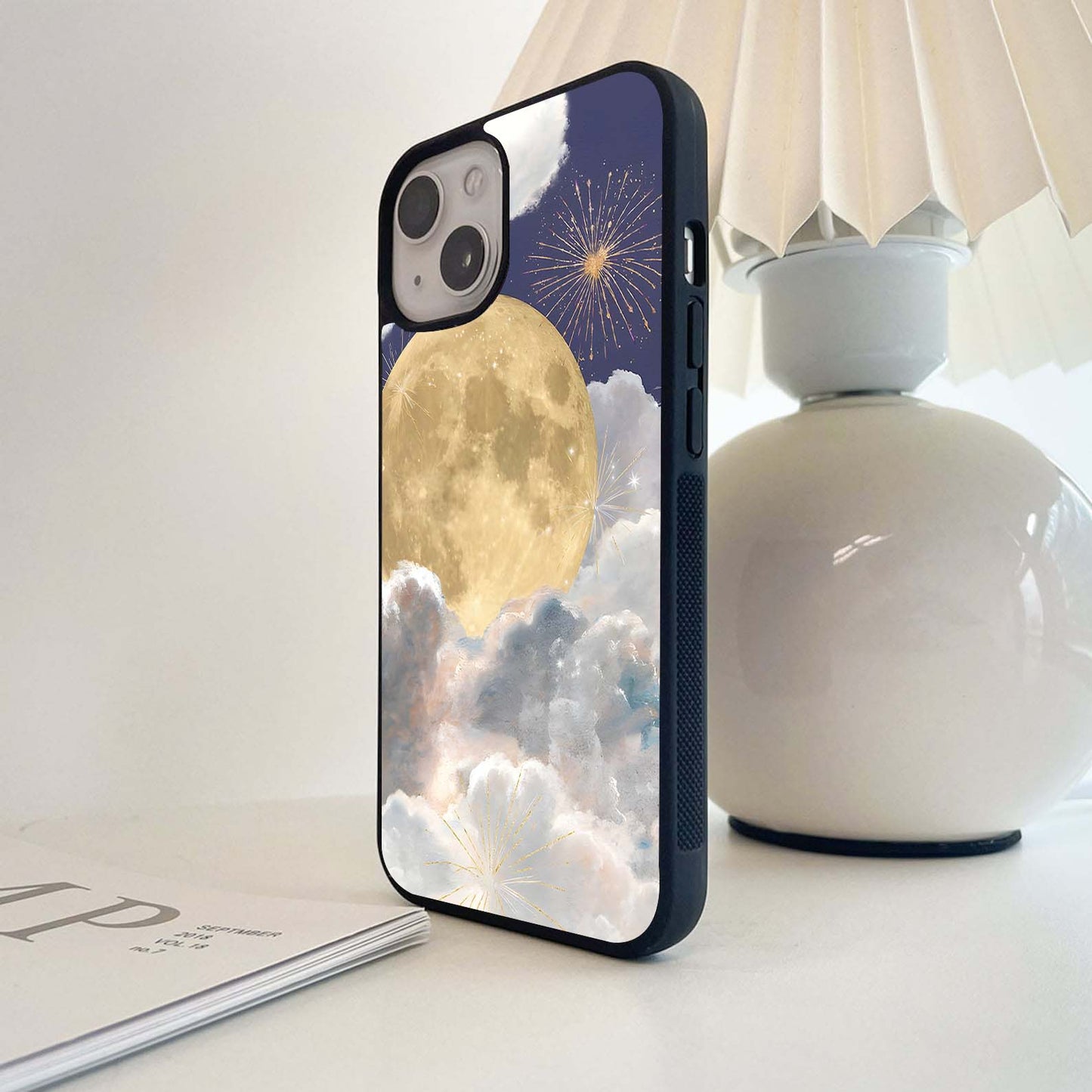 Moon with fireworks Glass Case