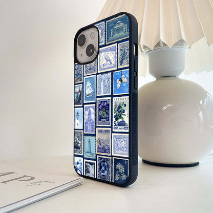 Blue Stamp Collage Glass Case