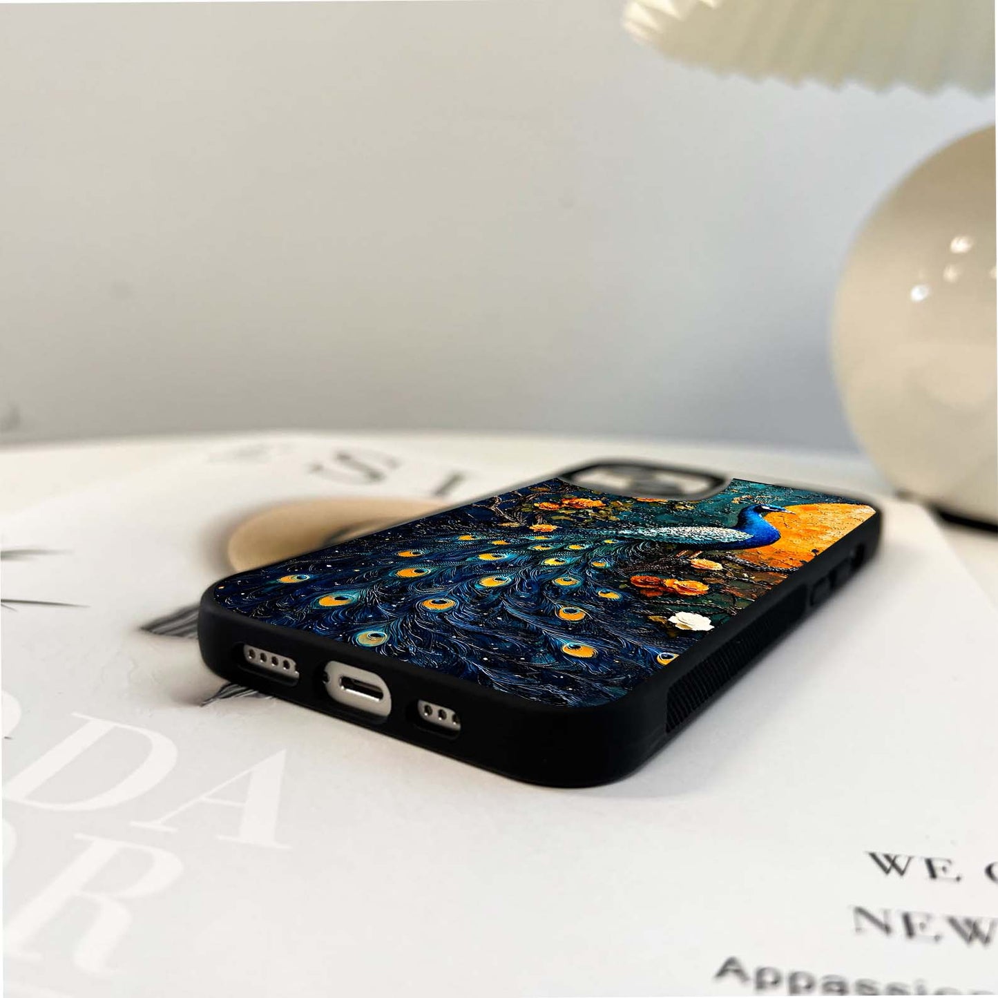 Peacock with Yellow Moon Glass Case