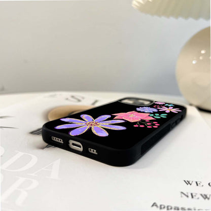 Colorful Glitter Flowers on Black Glass Case