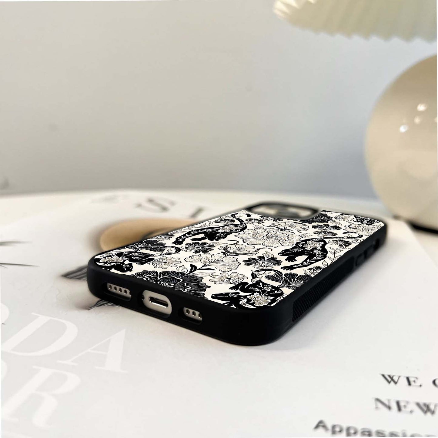 Panther Floral Black Glass Case