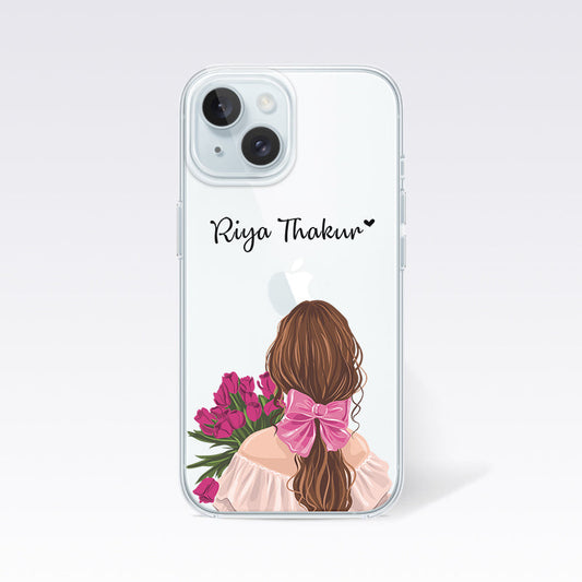 Beautiful Girl with Flowers Custom Name Clear Silicon Cover