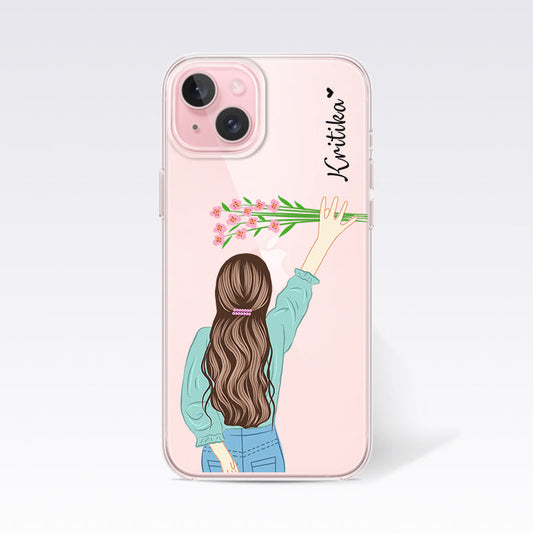 Cute Girl in Blue with Flower Custom Name Clear Silicon Cover