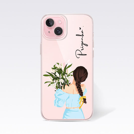 Cute Girl in Blue with Flowers Custom Name Clear Silicon Cover