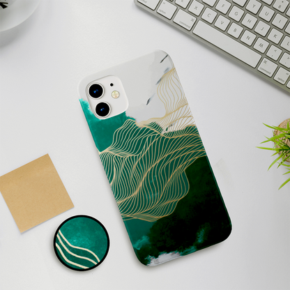 Green With Golden Waves Slim Case Cover With Same Design Holder