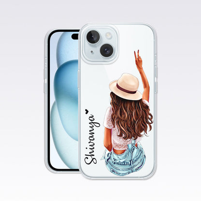 Travel Girl with Cap- Custom Name Clear Silicon Cover