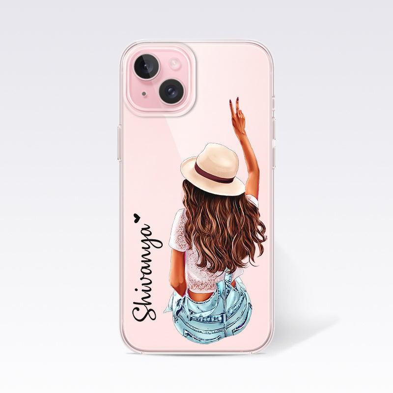 Travel Girl with Cap- Custom Name Clear Silicon Cover