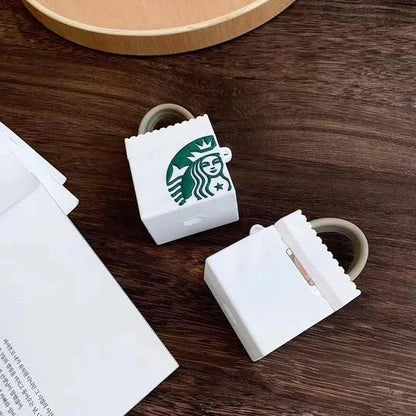 STAR-BUCKS SQUARE WITH BAG WHITE SILICONE AIRPODS CASE COVER FOR 1/2