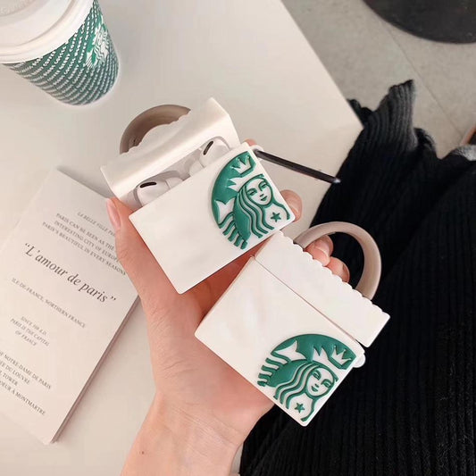STAR-BUCKS SQUARE WITH BAG WHITE SILICONE AIRPODS CASE COVER FOR 1/2